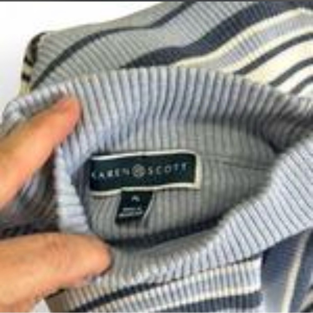 90s Navy Blue White Striped Cotton Mock Neck Ribbed Sweater Size Petite Large - Picture 2 of 7